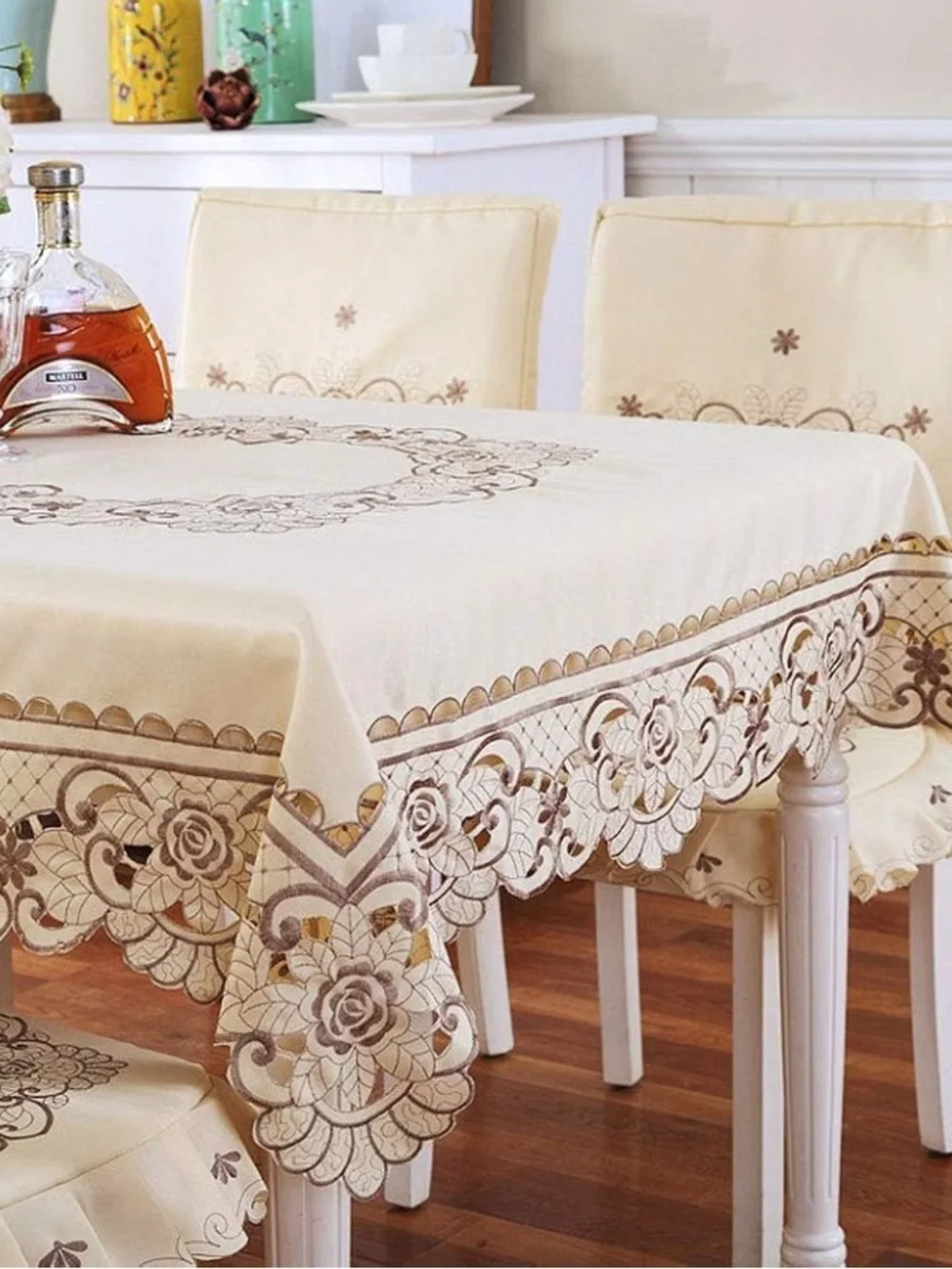 Embroidered Square Lace Tablecloth in Beige with Floral Border 50 Inch